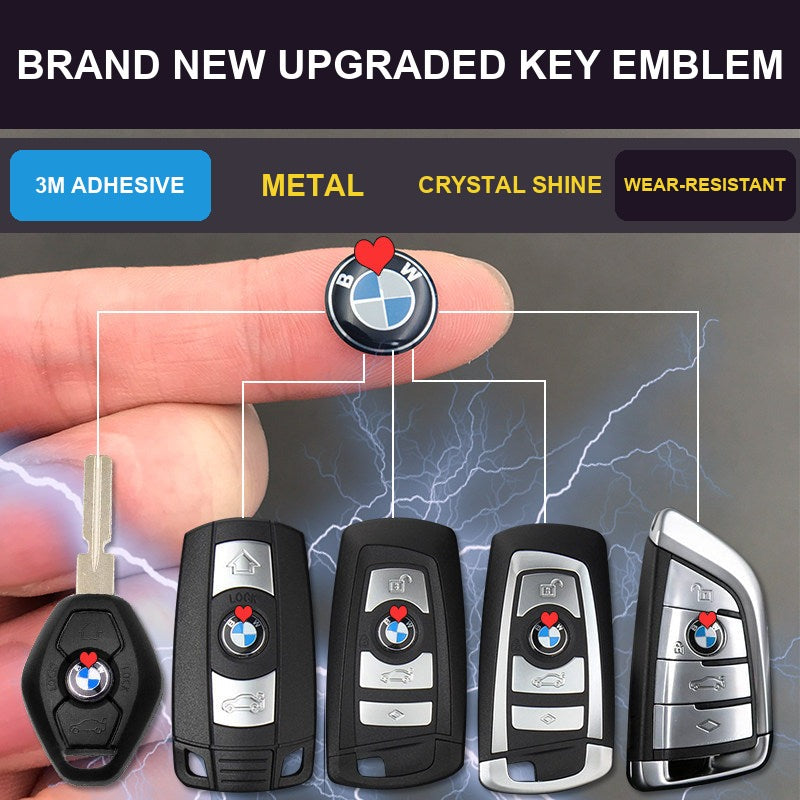 BMW key emblem features: 3M adhesive backing, metal, crystal shine, wear-resistant