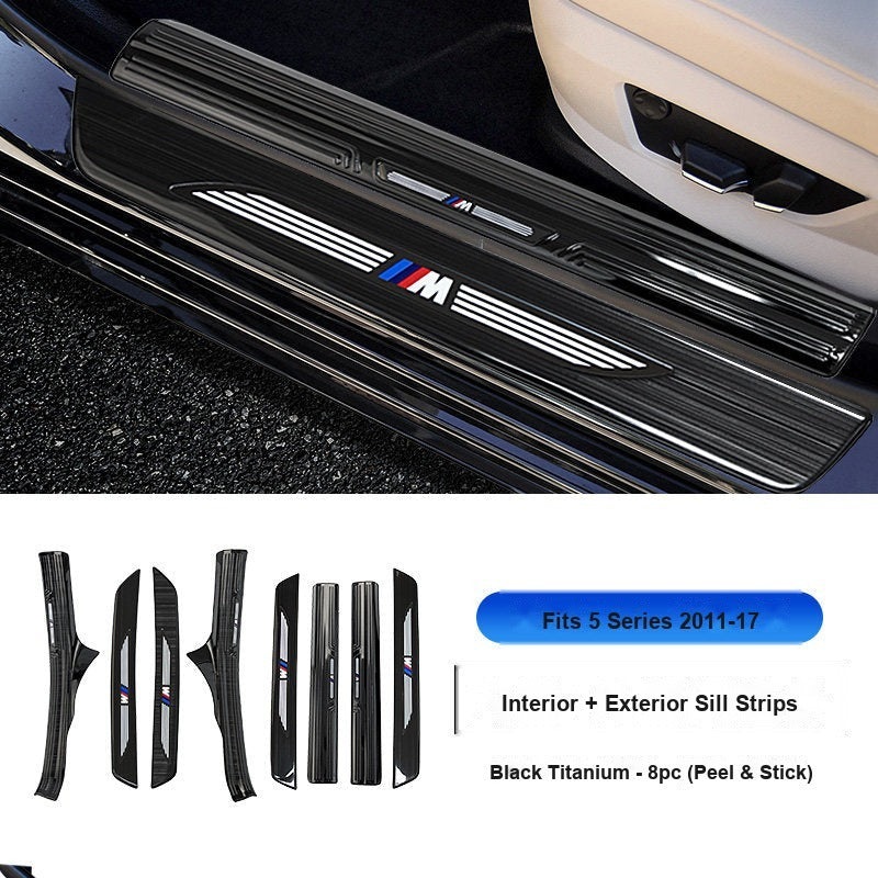 BMW 2011-2017 5 Series Long Wheelbase Door Sill Strip - 8-Piece (Interior + Exterior) - Black Titanium Stainless Steel Scuff Plate Guard