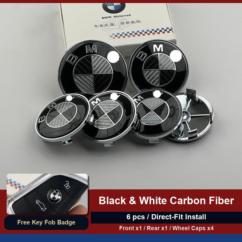 BMW carbon fiber six-piece badge set including front, rear, and wheel caps