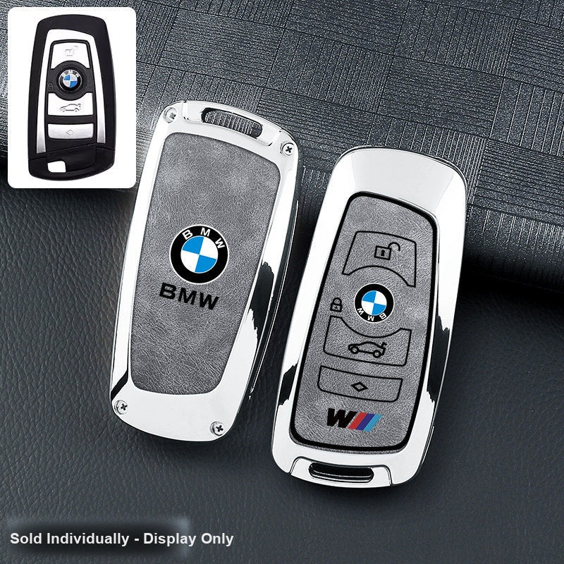 BMW key fob cover - silver frame gray leather panel, shell only
