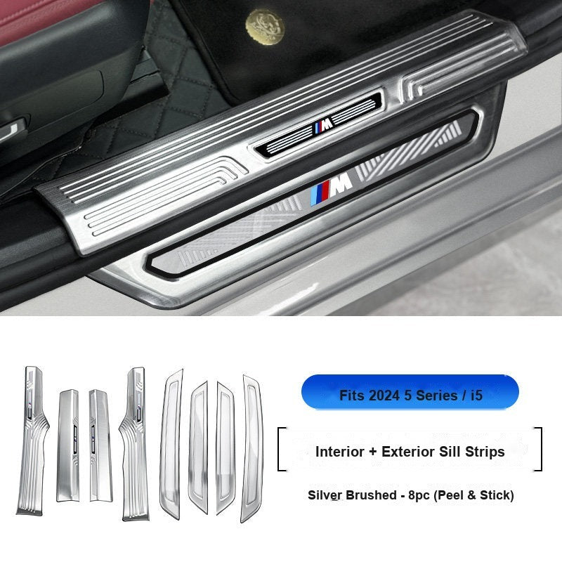 BMW 2024-2026 5 Series (i5) Door Sill Strip - 8-Piece (Interior + Exterior) - Silver Stainless Steel Scuff Plate Guard
