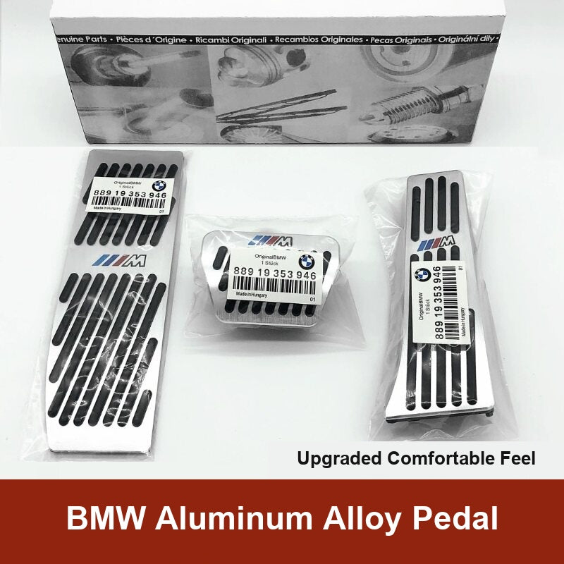 BMW aluminum alloy pedal cover set with genuine parts packaging box