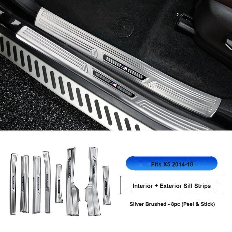 BMW 2014-2018 X5 Door Sill Strip - 8-Piece (Interior + Exterior) - Silver Stainless Steel Scuff Plate Guard