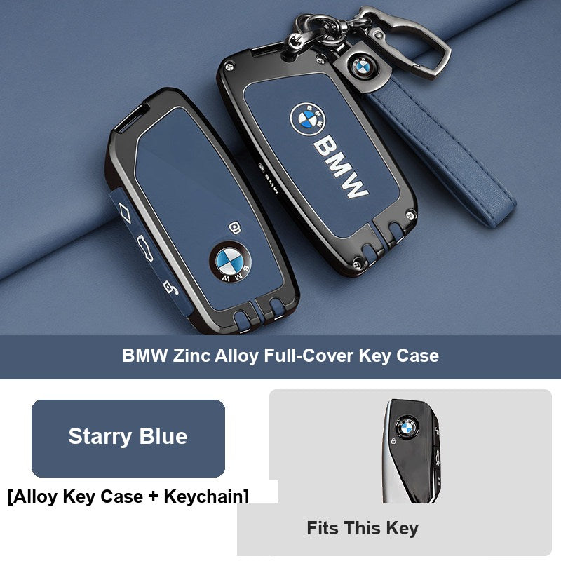 Starry blue BMW key fob case with leather keychain buckle, alternate angle