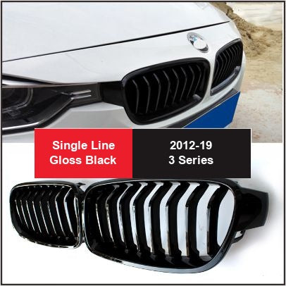 BMW Kidney Grille - Gloss Black Front Grille, F30 3 Series (2012-19) - Single Line Gloss Black
