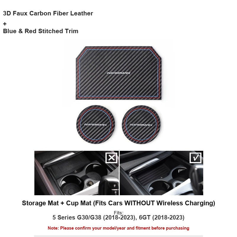 BMW carbon fiber leather storage and cup mat set for non-wireless charging console