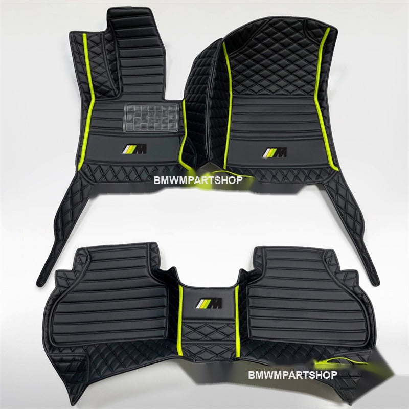 BMW custom leather floor mats, black with fluorescent green trim