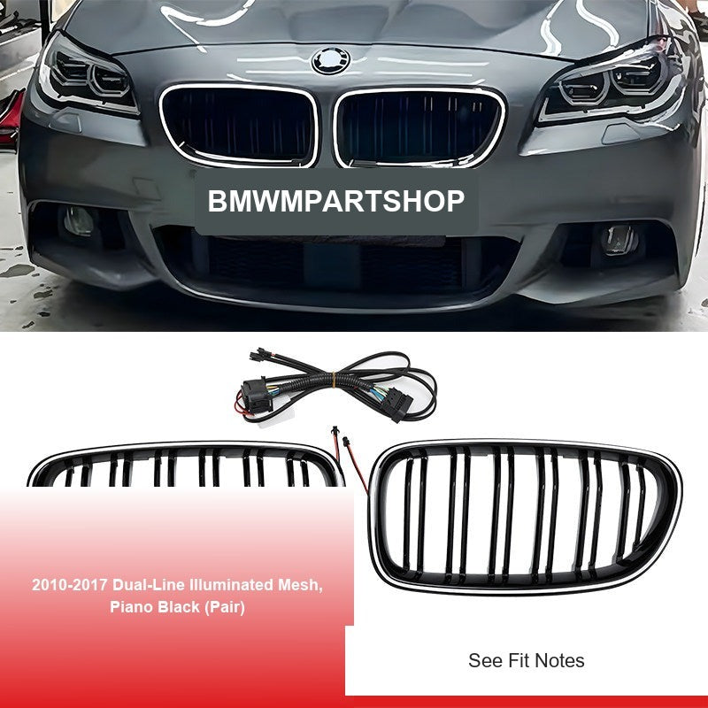 BMW 5 Series Grille - 2010-2017 Dual-Line Illuminated Mesh, Piano Black (Pair)
