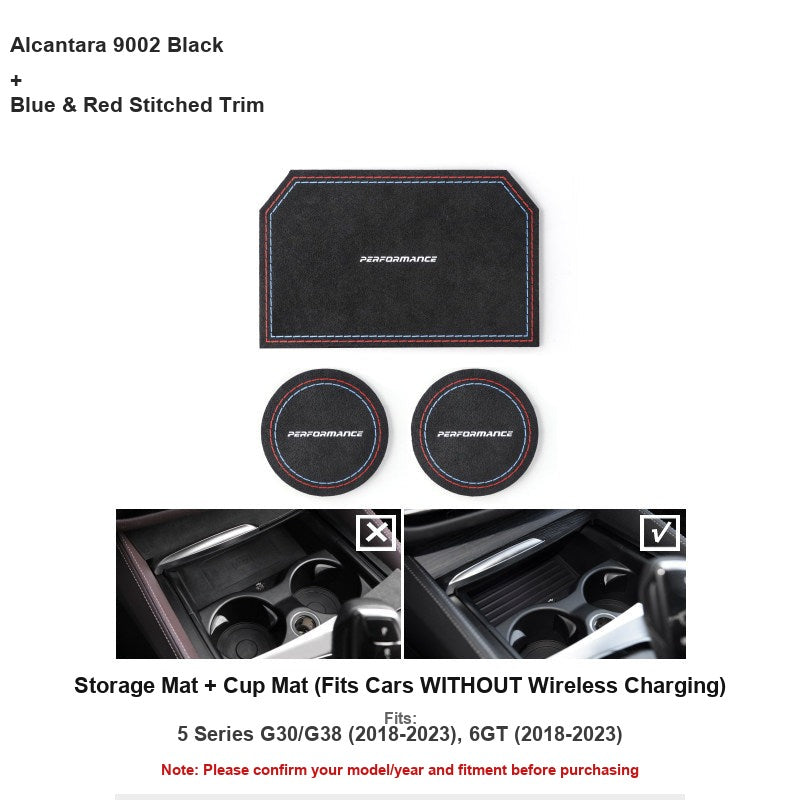BMW Alcantara black storage and cup mat set for non-wireless charging console