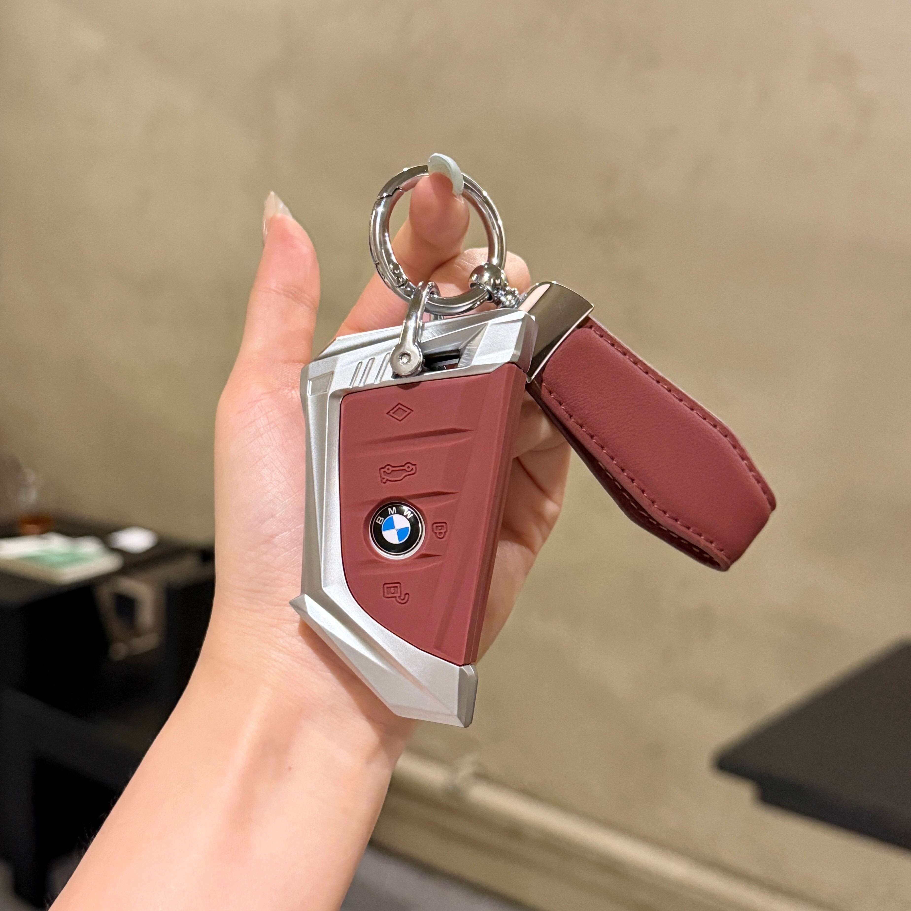 BMW Smart Key Fob Case - Style A, Silver Shell / Red Interior, + Genuine Leather Keychain
