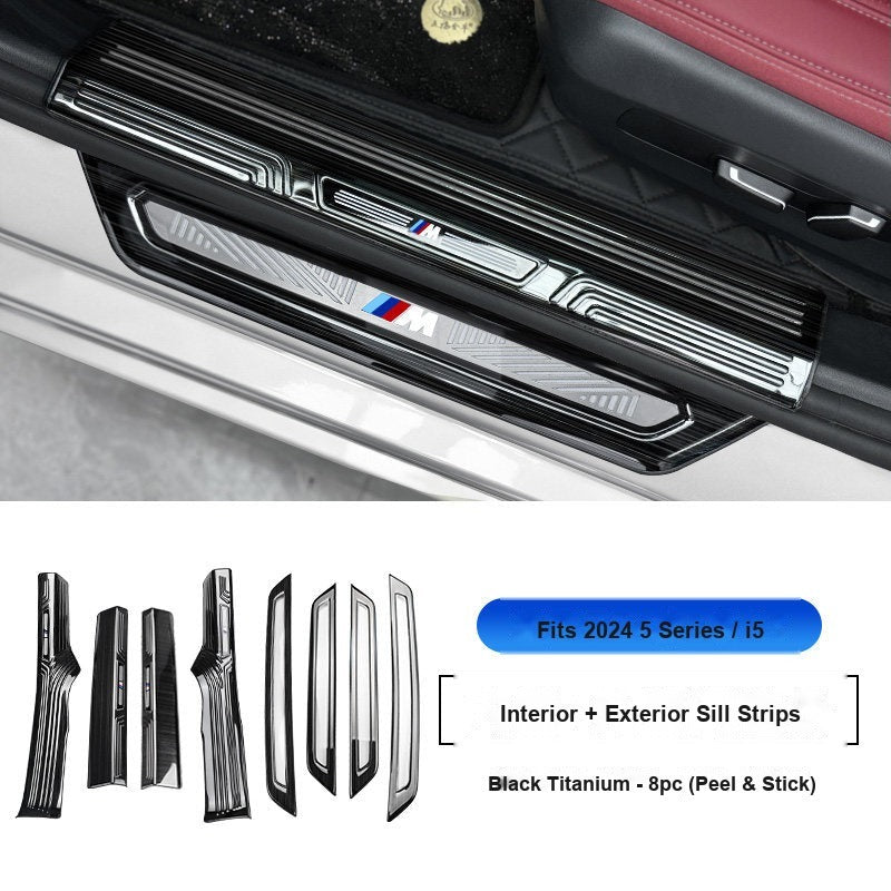 BMW 2024-2026 5 Series (i5) Door Sill Strip - 8-Piece (Interior + Exterior) - Black Titanium Stainless Steel Scuff Plate Guard