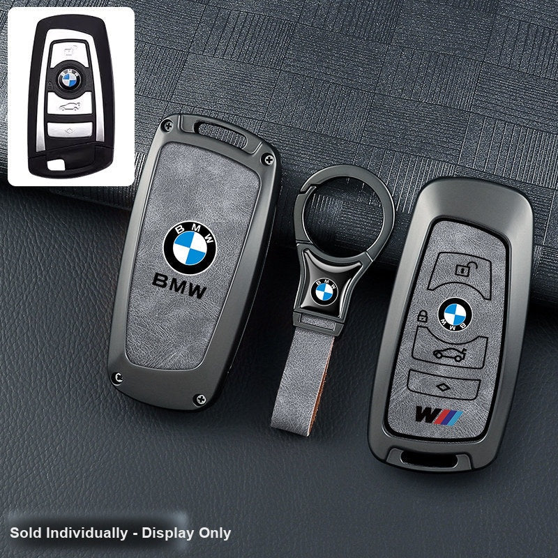 BMW key fob cover - gunmetal frame gray leather panel with ring keychain
