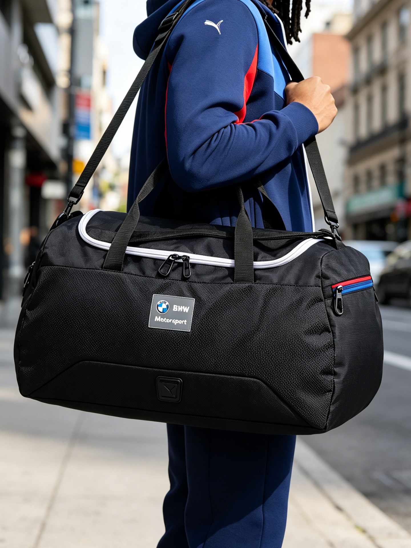 Man carrying BMW M Motorsport duffel bag over the shoulder in the city