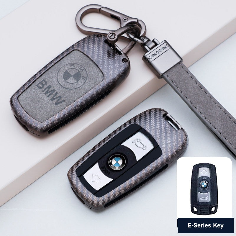 BMW E-Series key case - carbon fiber pattern leather lanyard