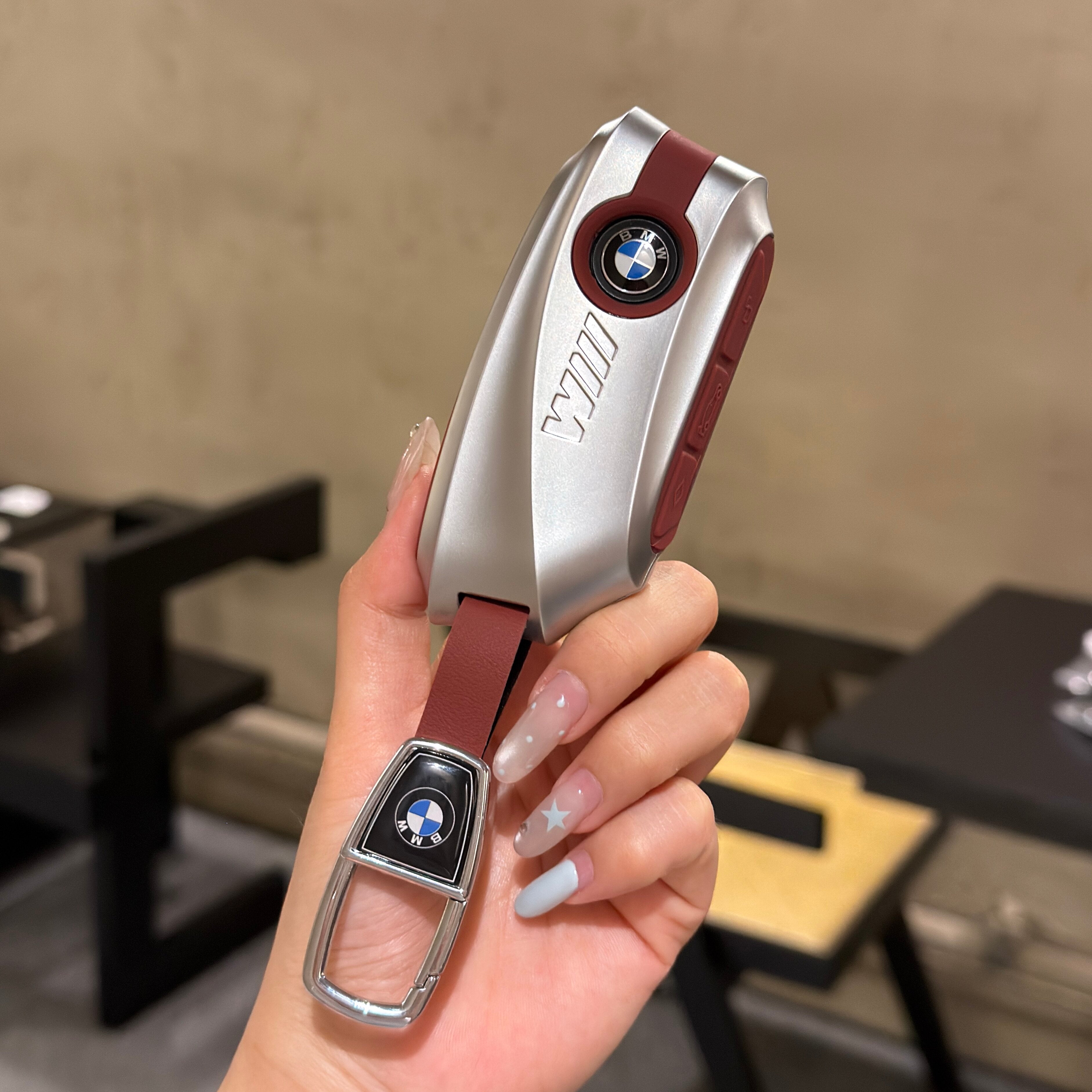 BMW Smart Key Fob Case - Style D, Silver Shell / Red Interior, + Metal Buckle