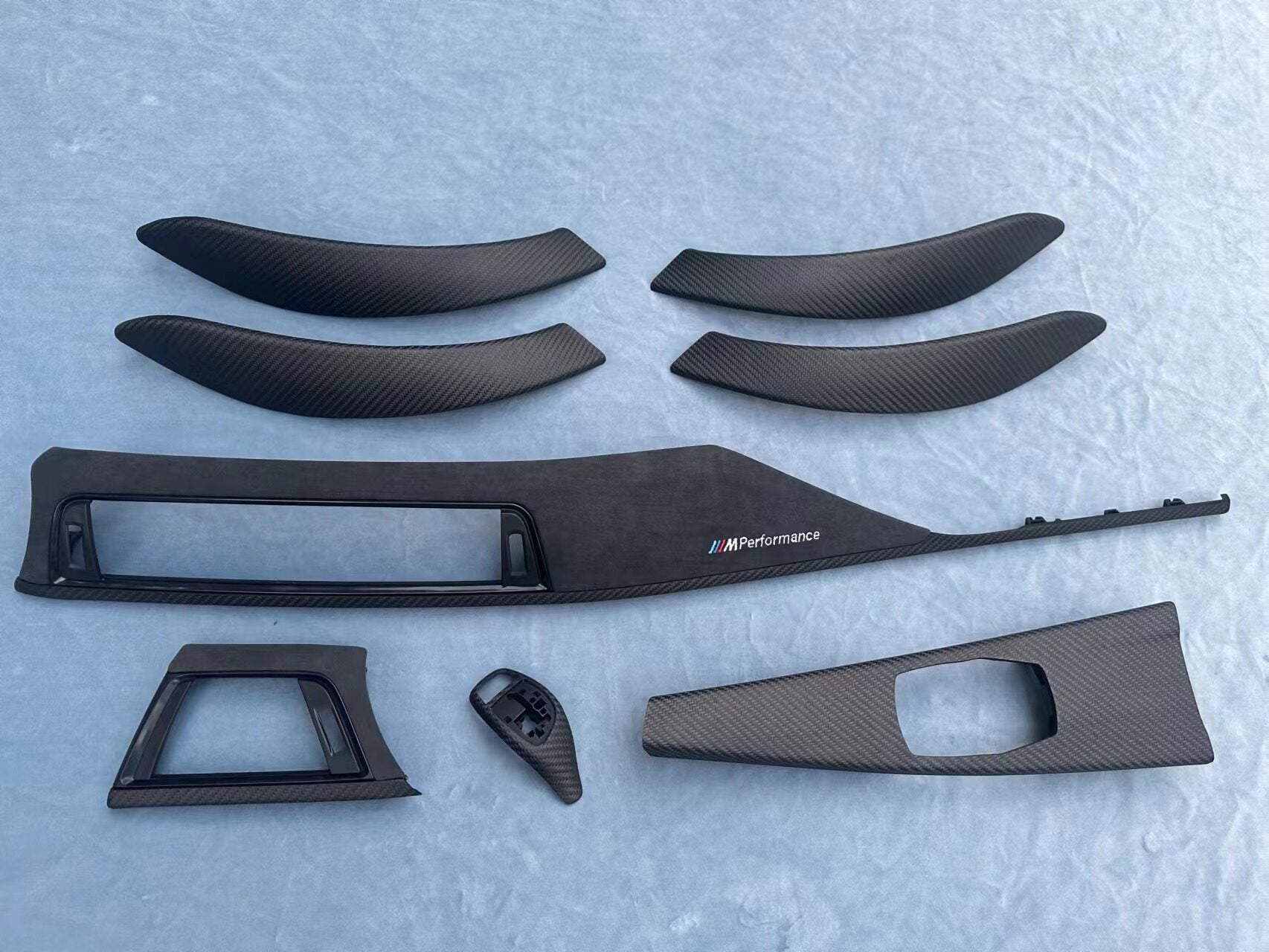 BMW F30/F35 carbon fiber interior trim set, top-down view