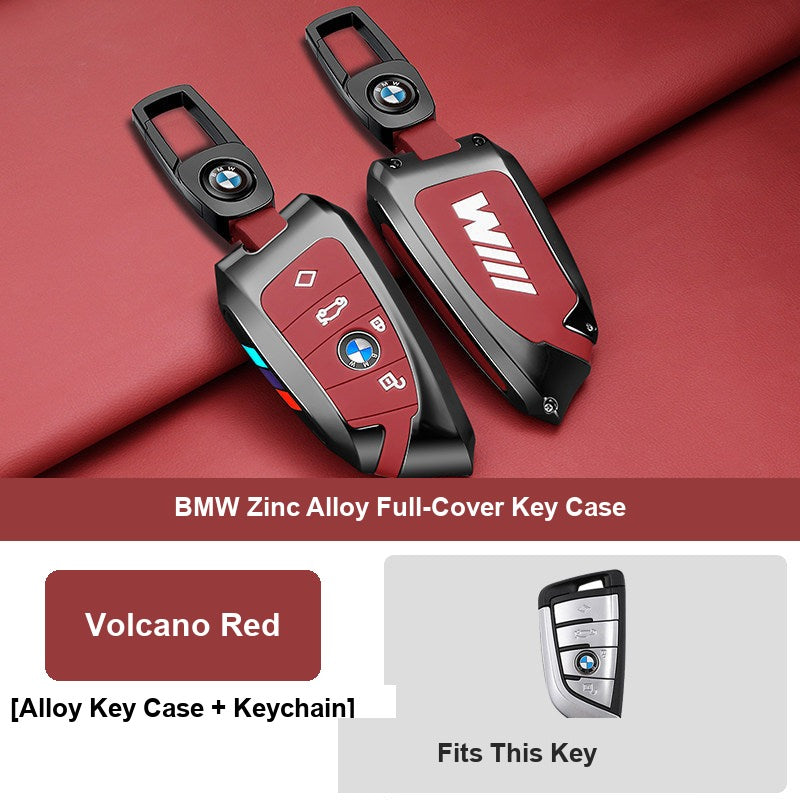 Volcano red BMW key fob case Style D with leather keychain buckle