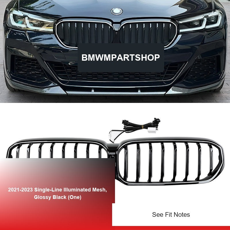 BMW 5 Series Grille - 2021-2023 Single-Line Illuminated Mesh, Glossy Black (One)