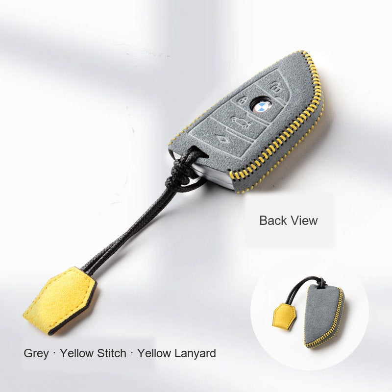 BMW Alcantara Key Fob Case - Style 12 - Grey / Yellow Stitch