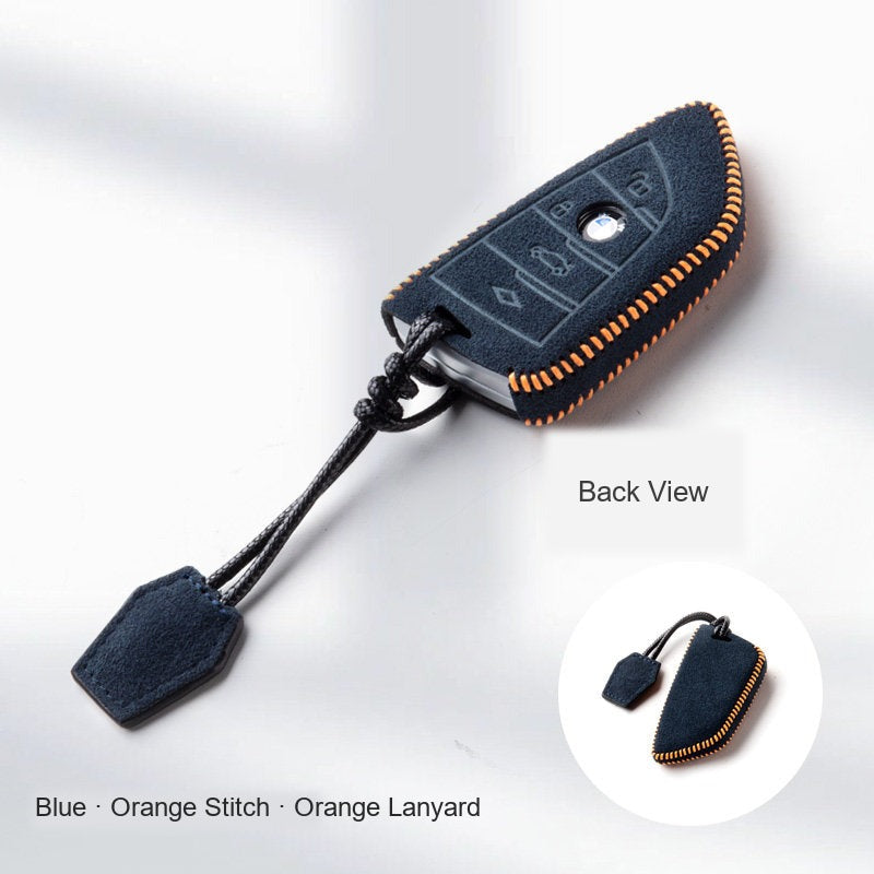 BMW Alcantara Key Fob Case - Style 4 - Blue / Orange Stitch
