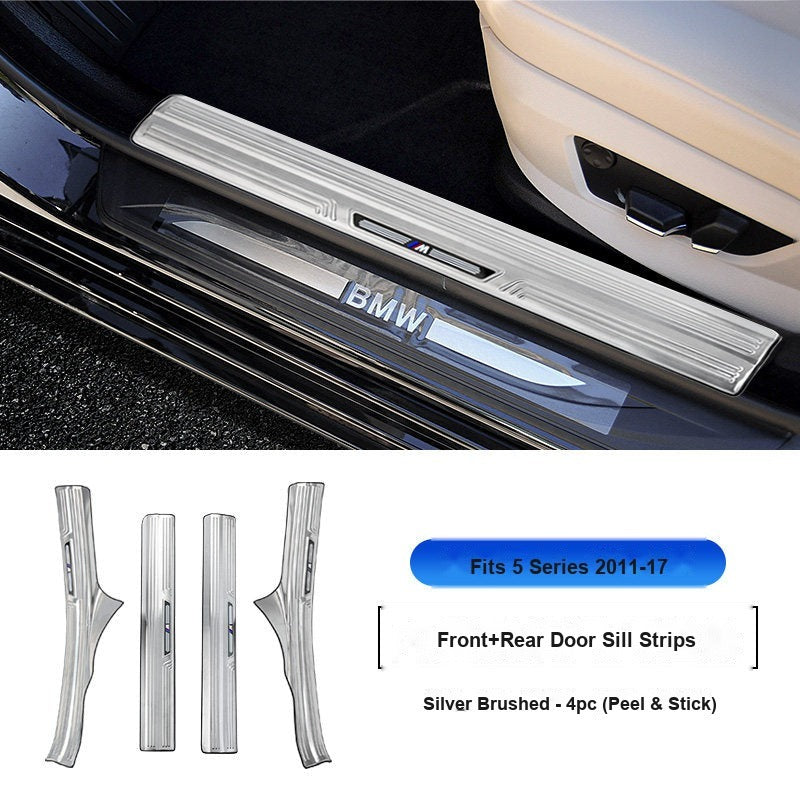 BMW 2011-2017 5 Series Long Wheelbase Door Sill Strip - 4-Piece (Interior Only) - Silver Stainless Steel Scuff Plate Guard