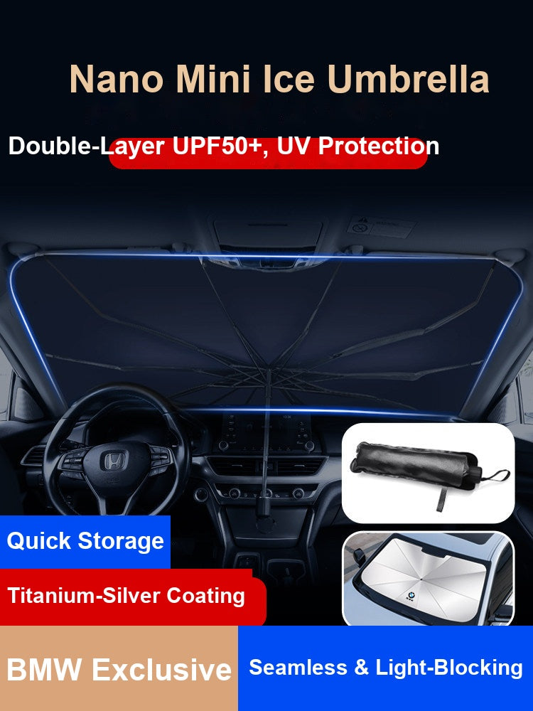 BMW windshield sunshade umbrella installed inside car, driver view