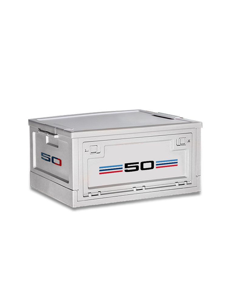 BMW 50th Anniversary storage box with wooden lid, angled view