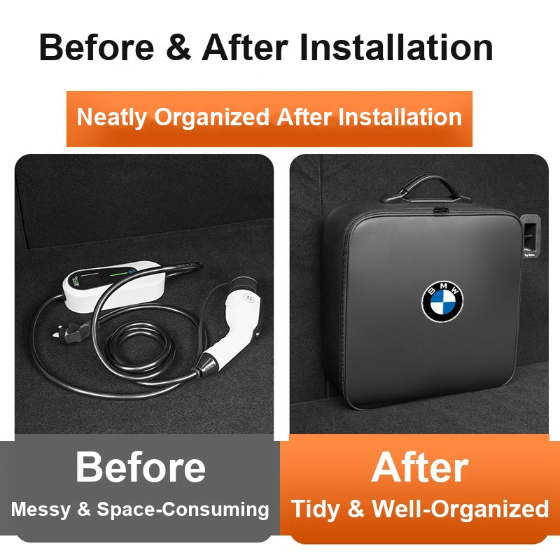 BMW charging cable storage bag - before and after installation comparison