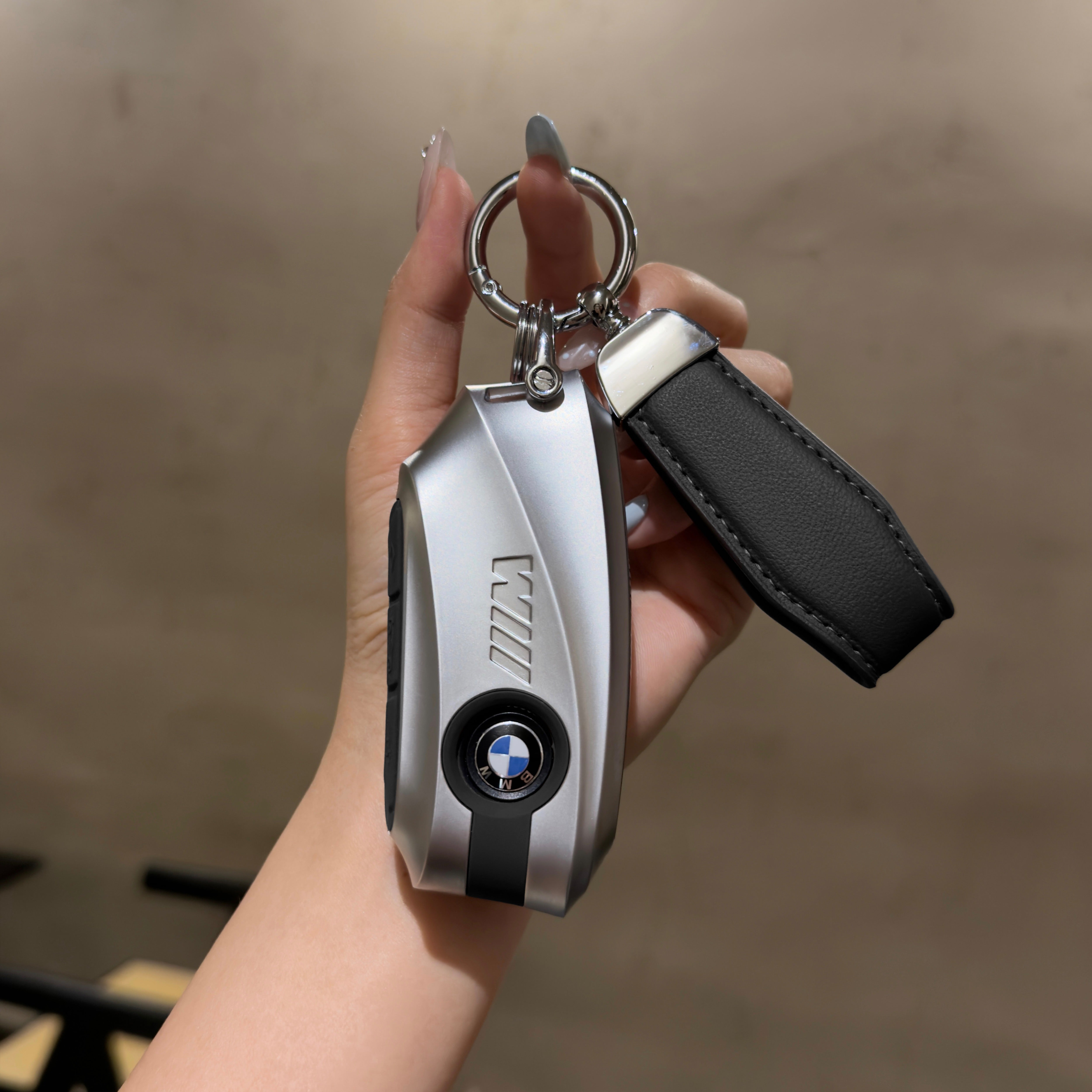 BMW Smart Key Fob Case - Style D, Silver Shell / Black Interior, + Genuine Leather Keychain