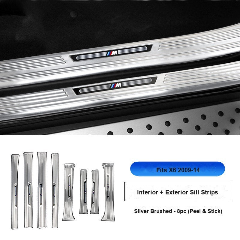 BMW 2009-2014 X6 Door Sill Strip - 8-Piece (Interior + Exterior) - Silver Stainless Steel Scuff Plate Guard