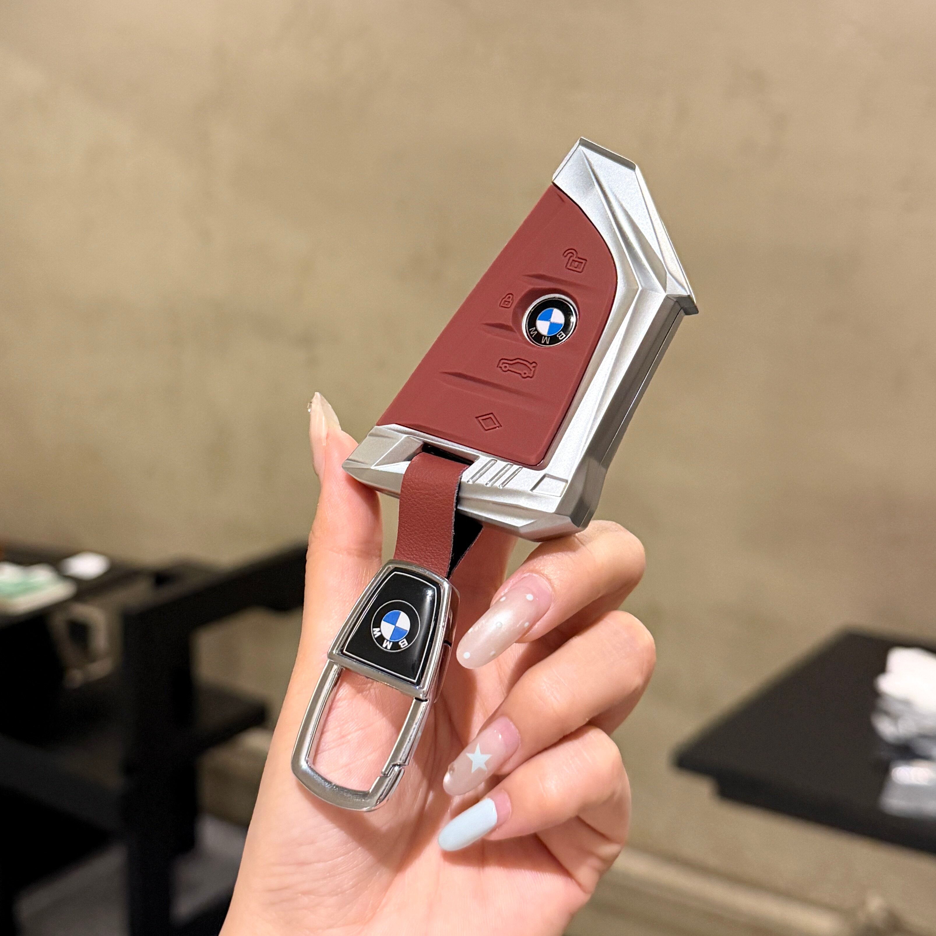BMW Smart Key Fob Case - Style A, Silver Shell / Red Interior, + Metal Buckle