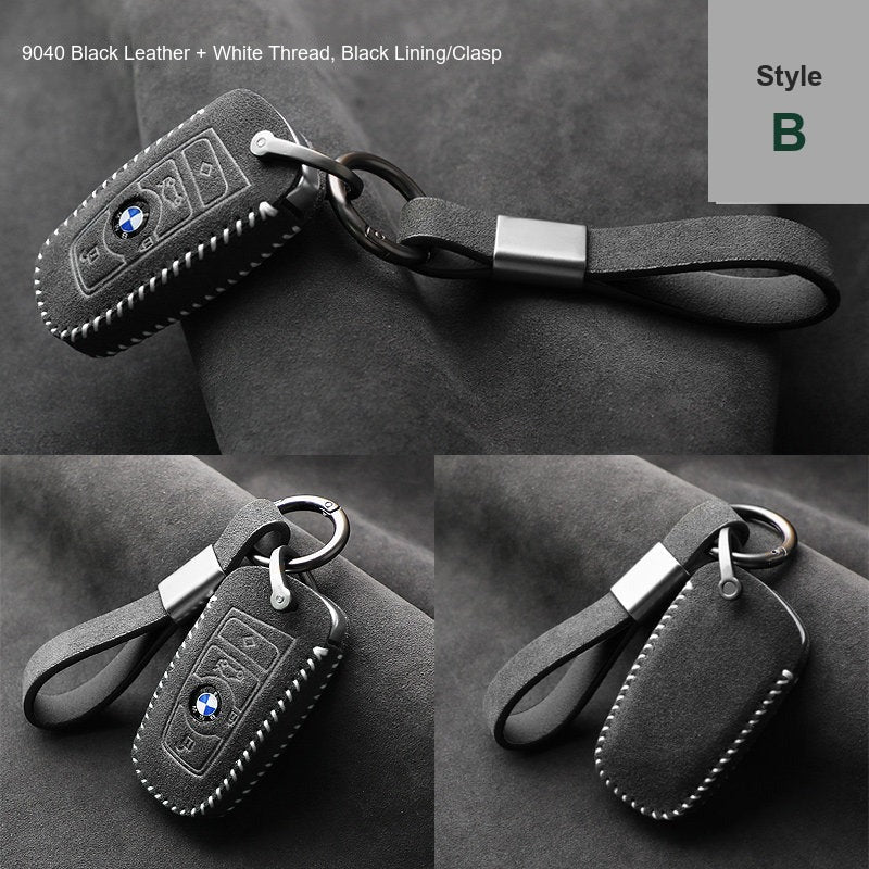 BMW key case Style B 9040 Black leather white thread