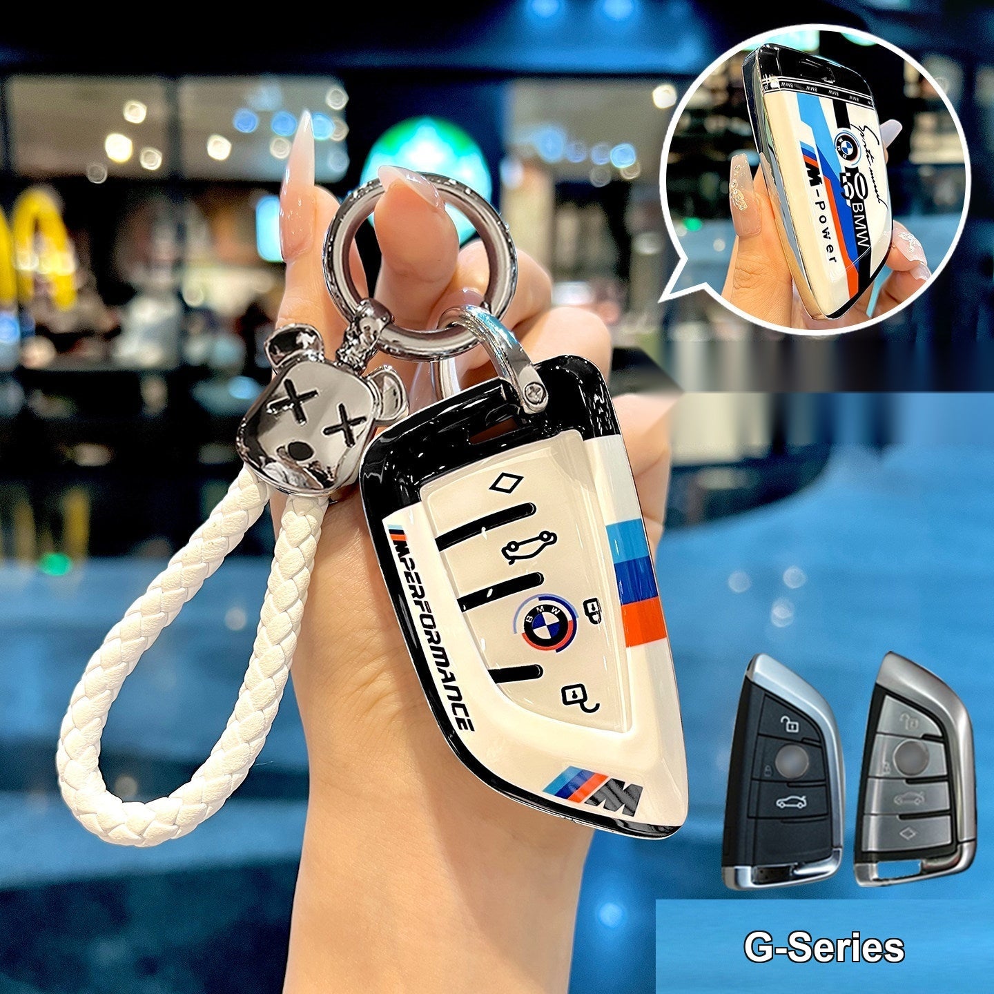 BMW smart key fob white TPU case with bear braided rope keychain