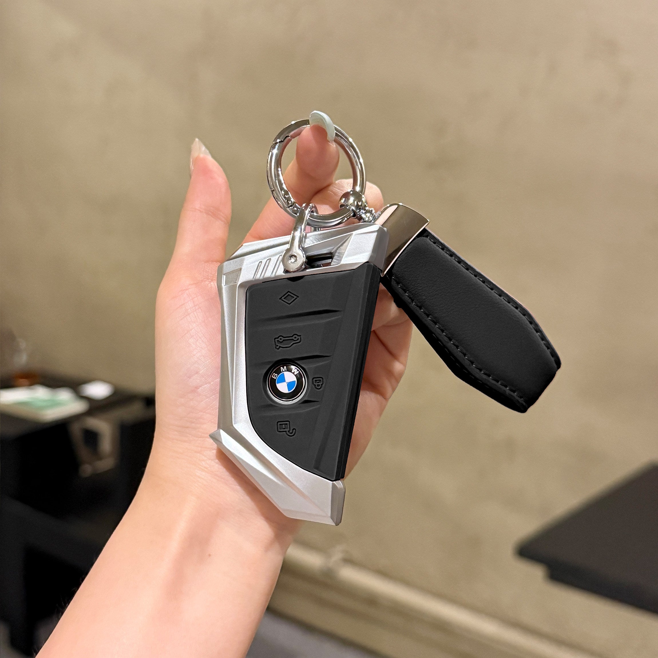 BMW Smart Key Fob Case - Style A, Silver Shell / Black Interior, + Genuine Leather Keychain