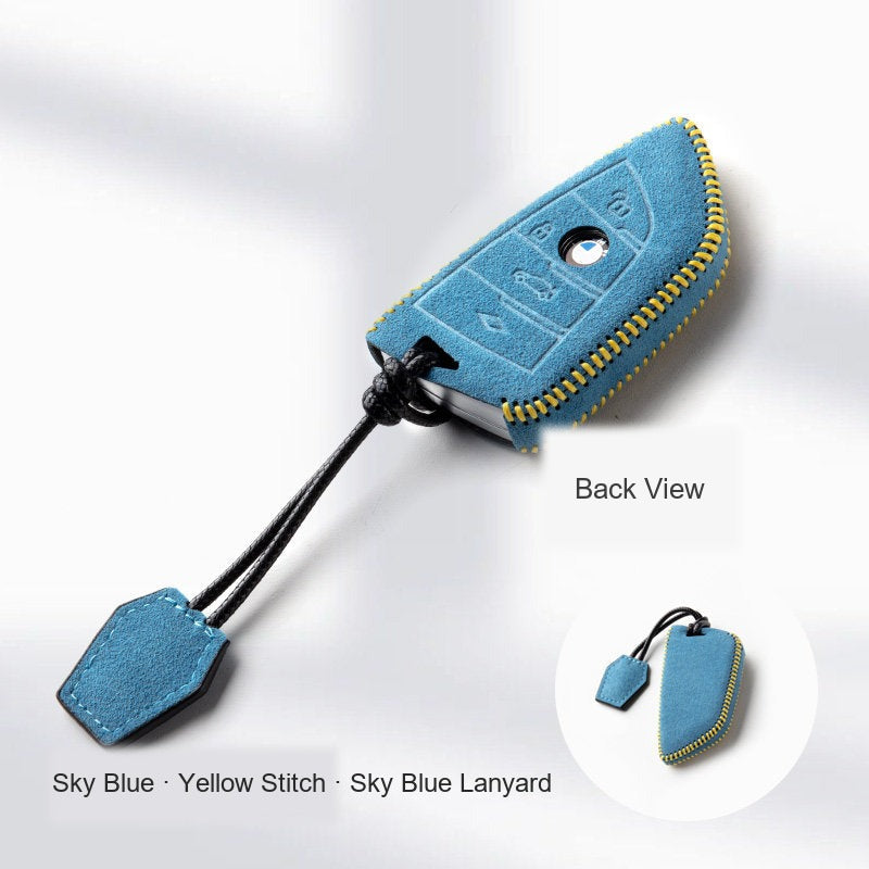 BMW Alcantara Key Fob Case - Style 8 - Sky Blue / Yellow Stitch