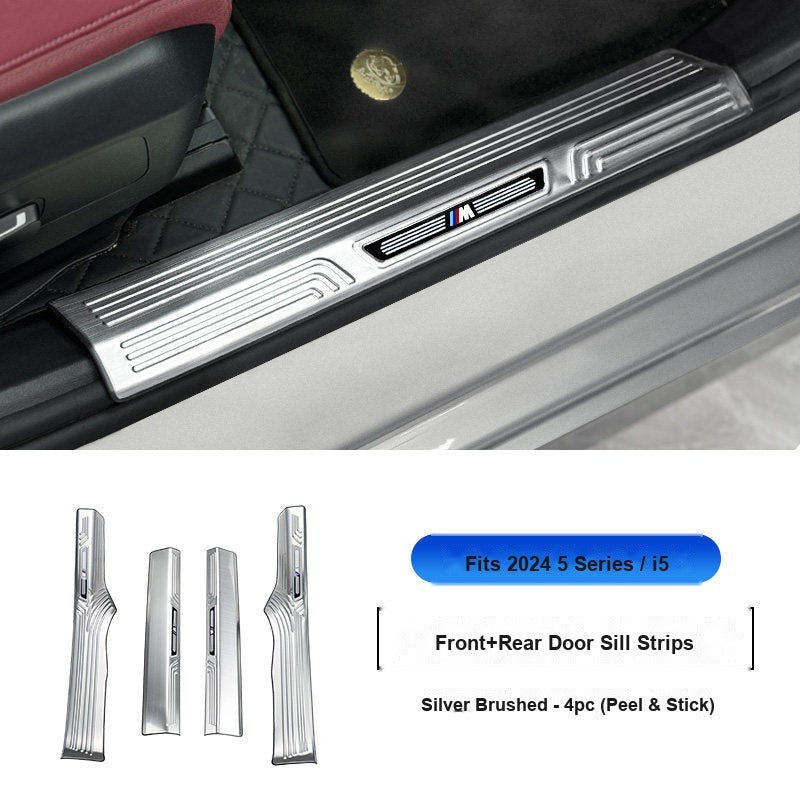 BMW 2024-2026 5 Series (i5) Door Sill Strip - 4-Piece (Interior Only) - Silver Stainless Steel Scuff Plate Guard