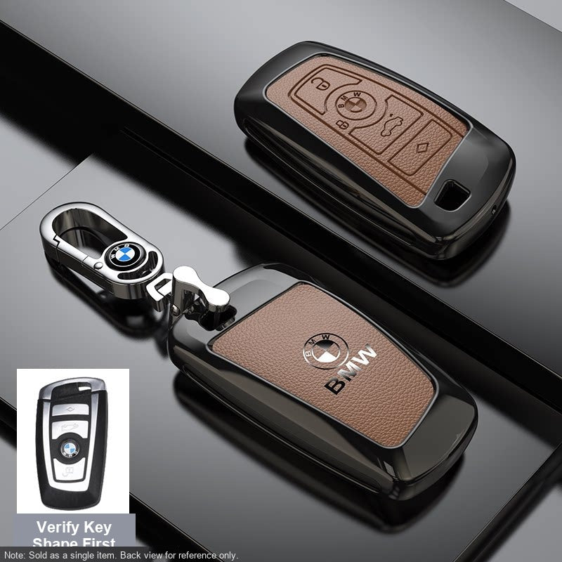 BMW Leather Key Fob Case - Style C, Coffee Brown, Metal Buckle