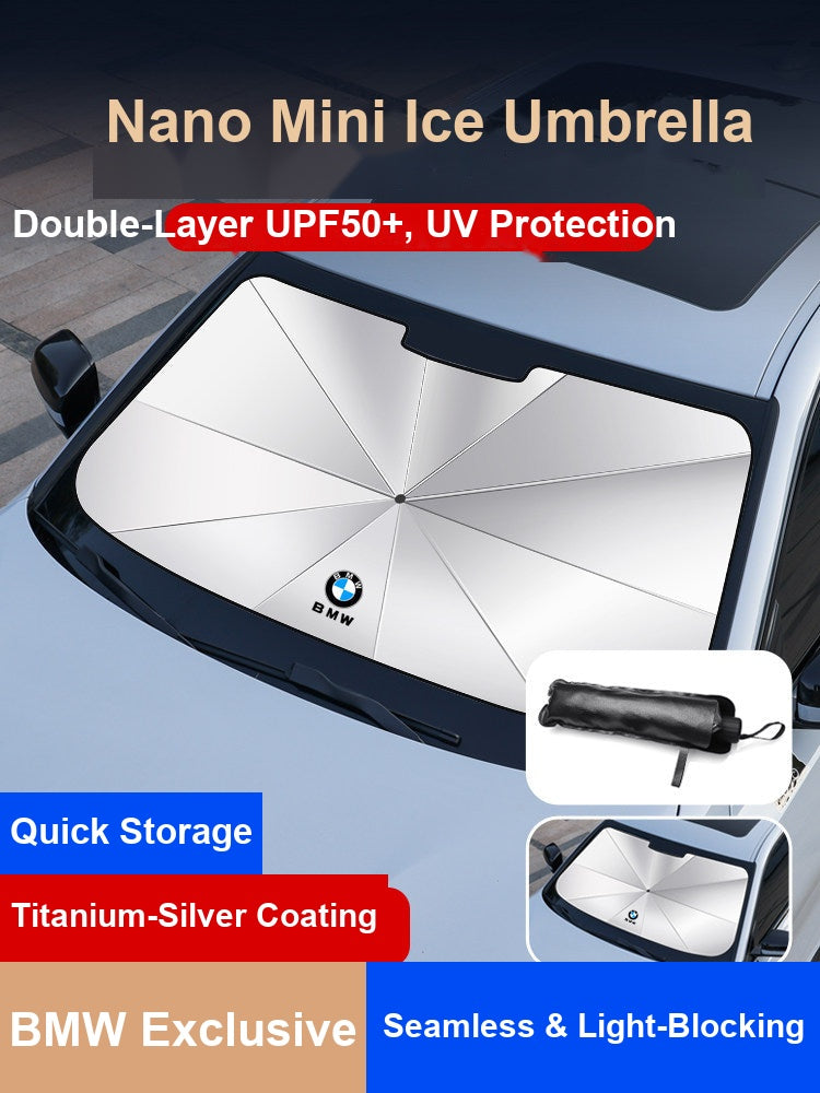 BMW nano windshield sunshade umbrella installed on windshield with roundel logo