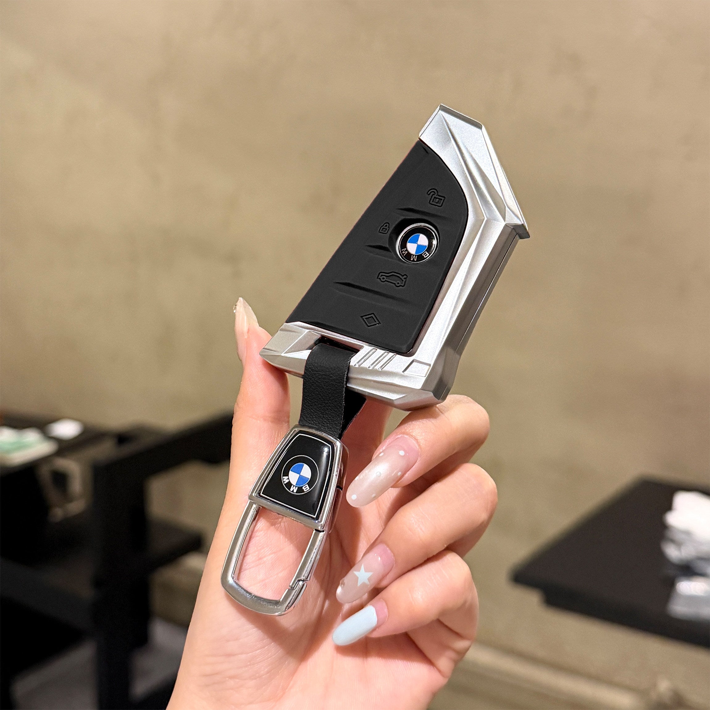 BMW Smart Key Fob Case - Style A, Silver Shell / Black Interior, + Metal Buckle