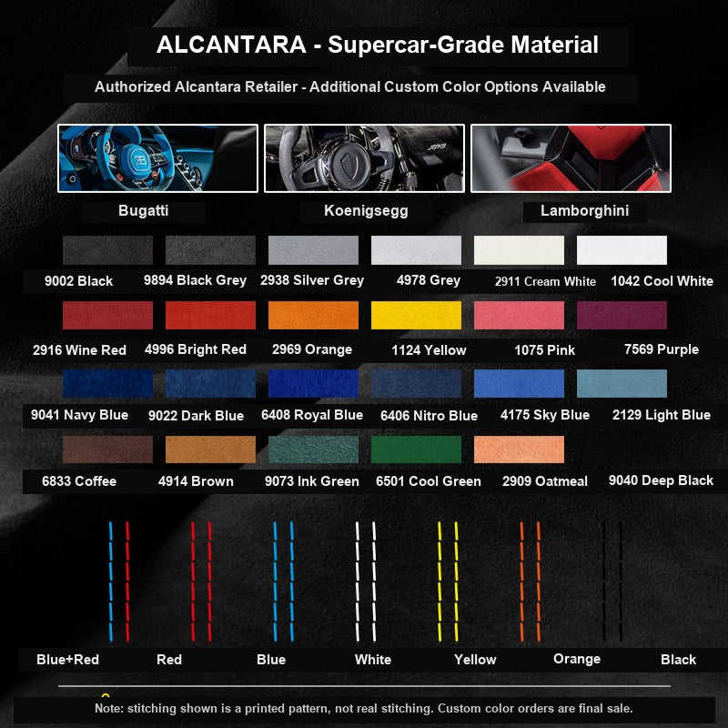 Alcantara custom color and stitch color chart for BMW interior liners