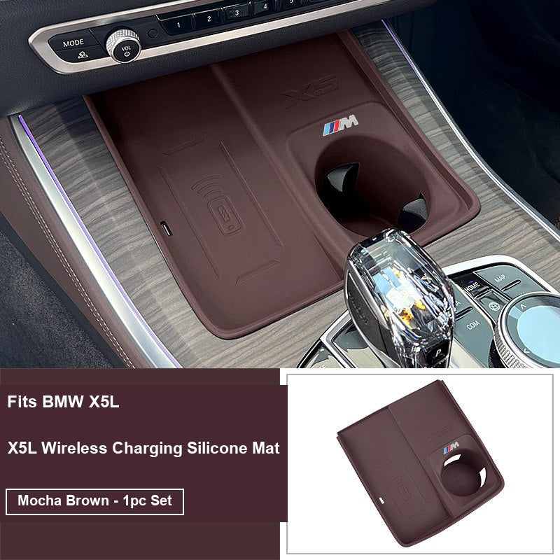 BMW X5L wireless charging silicone mat installed with key fob