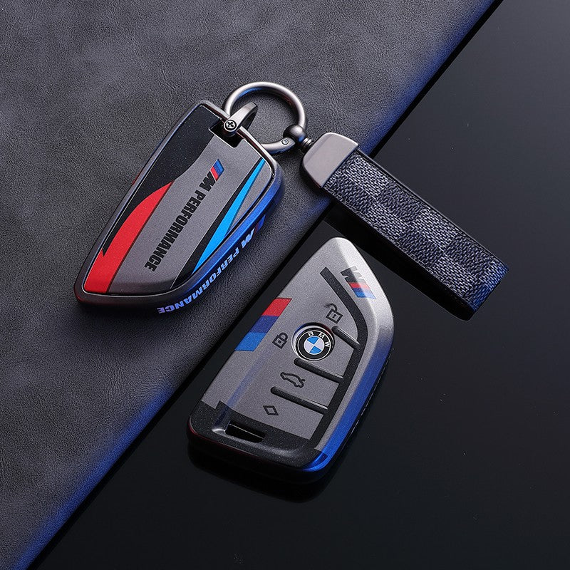 BMW M Performance key fob case with checkered keychain cord