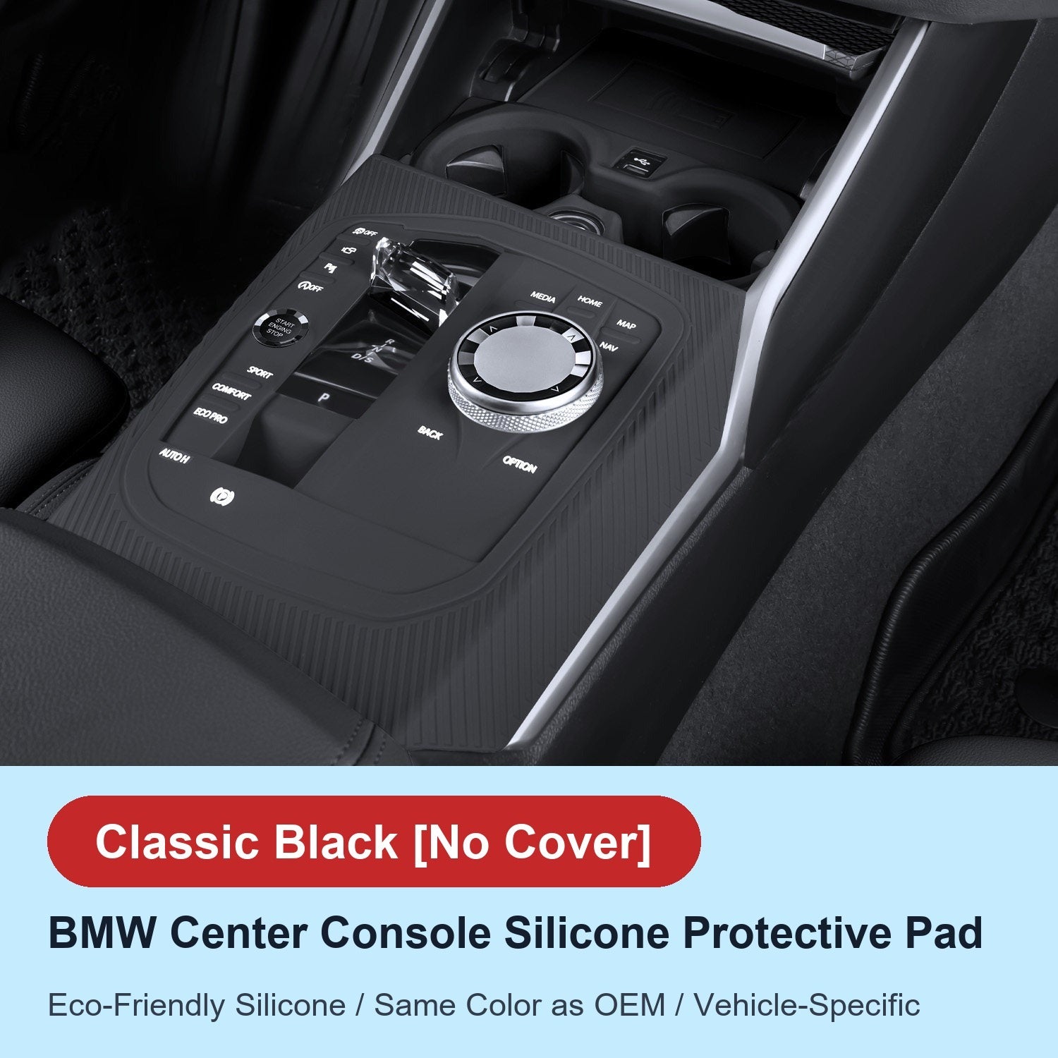 BMW center console silicone pad - i3 3 Series / 4 Series (2020-2026) - No Cover - Classic Black