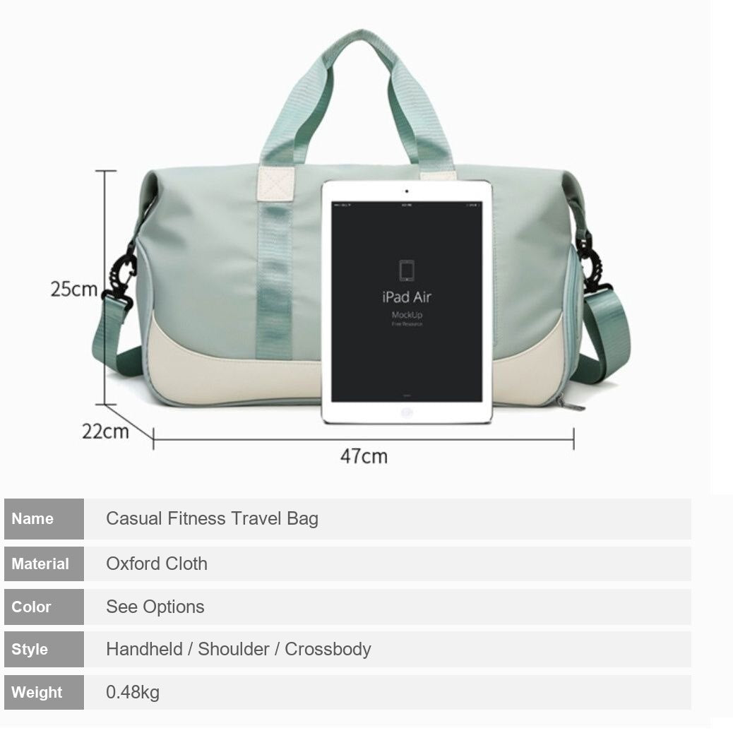 BMW sports travel bag size chart, 47cm x 22cm x 25cm, mint green with iPad Air for scale