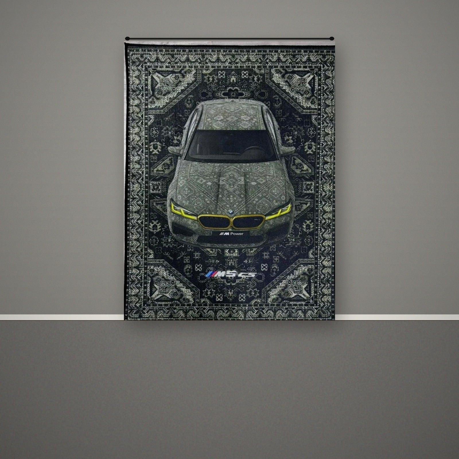 BMW M5 CS tapestry rug on an industrial concrete wall, ideal for a garage workshop