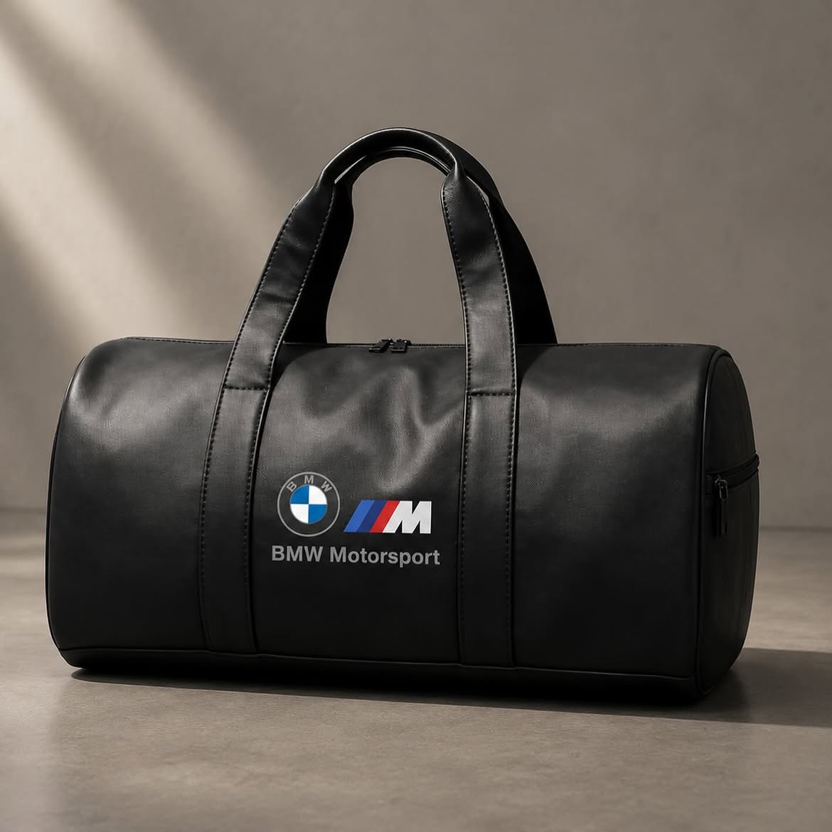 BMW Motorsport leather duffel bag in black - front view