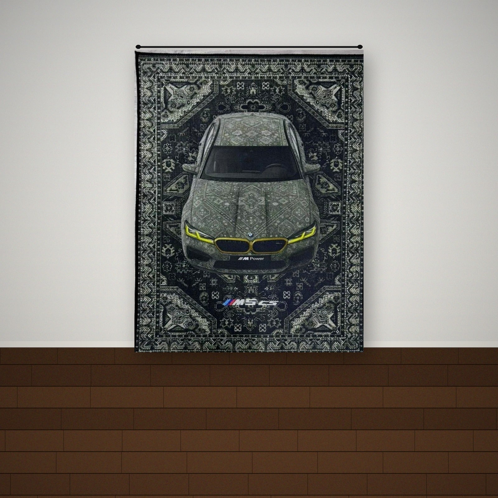 BMW M5 CS wall rug displayed on a white modern living room wall above a walnut wood floor