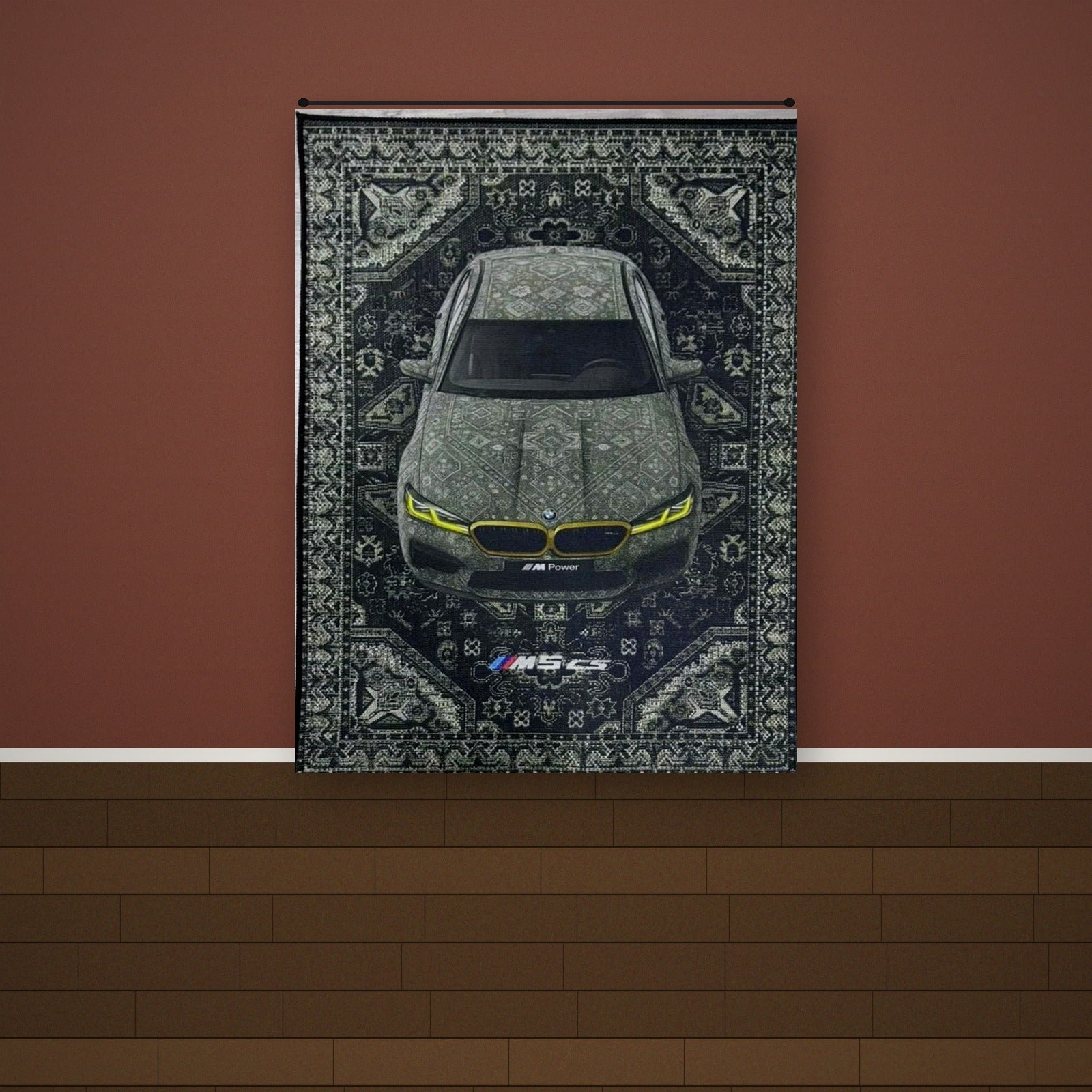 BMW M5 CS wall rug displayed on a deep red brick-tone wall