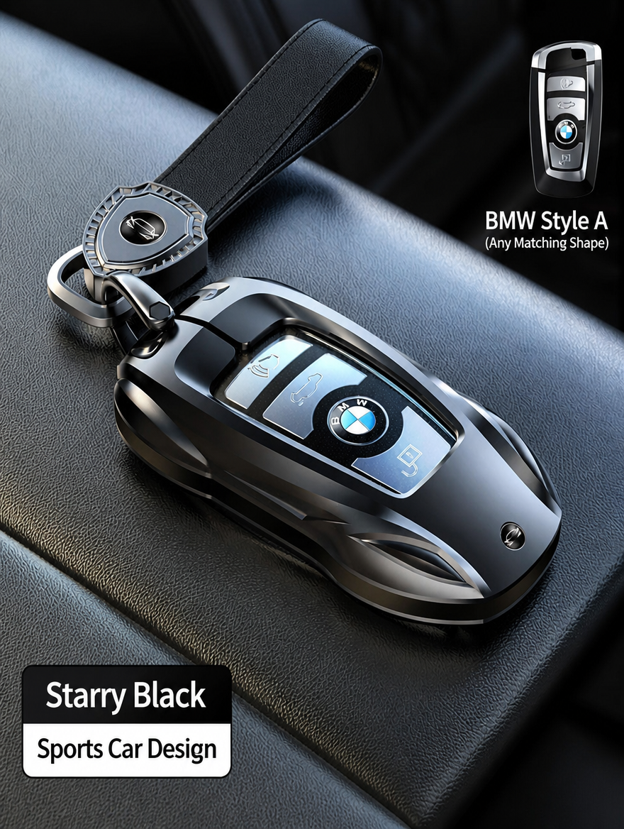 BMW Sports Car Key Cover - Zinc Alloy Shell with Charm